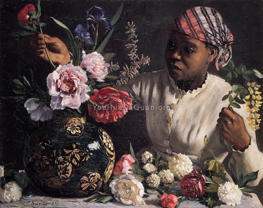 Jean Frederic African woman with Peonies - 弗雷德里克·巴齐耶